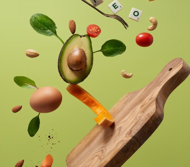 A creative arrangement of paleo diet ingredients floating above a wooden board on a green background.